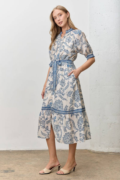 Botanical Border Print Tie-Waist Midi Dress: BLUE MULTI - Lulu Bella Boutique