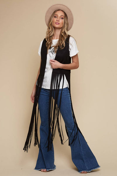 Black Long Fringe Faux Suede Vest - Lulu Bella Boutique