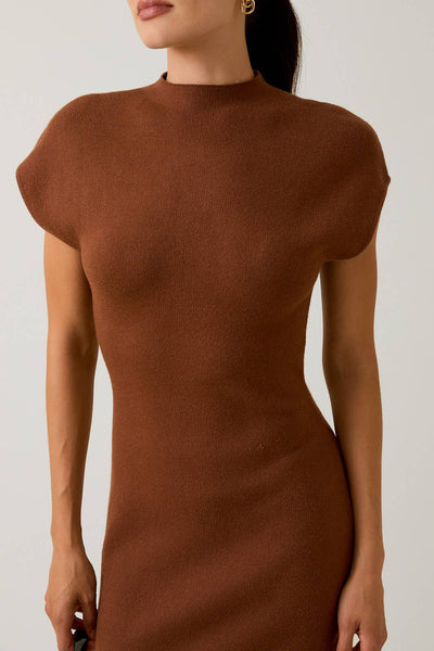 SHORT SLEEVE MOCK NECK MIDI SWEATER DRESS: COGNAC / S - Lulu Bella Boutique