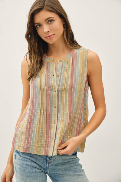 MULTI COLOR STRIPED GAUZE TOP: TERRACOTTA / S - Lulu Bella Boutique