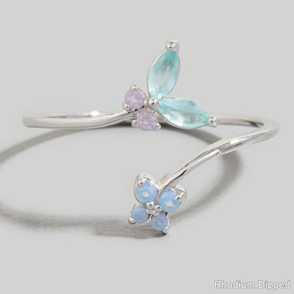 Gold Dipped Cz Butterfly And Flower Band Open Ring