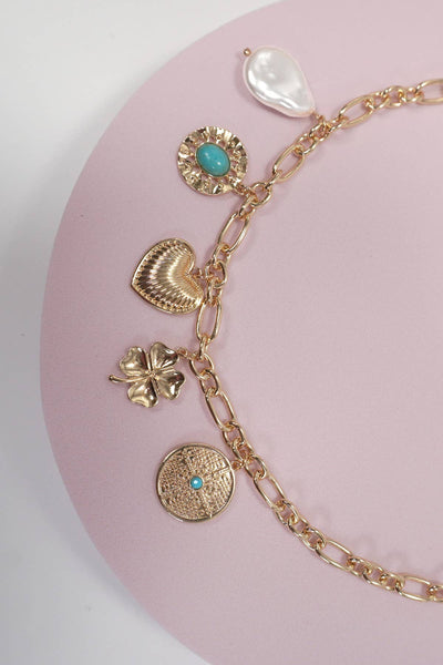 BOHO TURQ HEART PEARL CLOVER CHARM NECKLACE | 80N1183: Gold