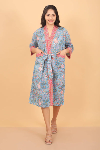 Boho Blue Cotton Kimono Robe, Floral Bridal & Maternity Gown - Lulu Bella Boutique