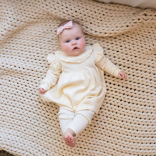 Milan Ruffle Collar Pointelle Knit Baby Dress - Organic: Cream
