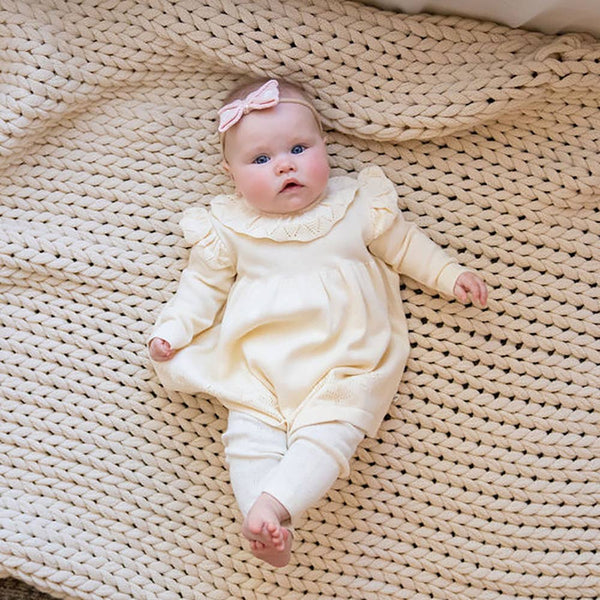 Milan Ruffle Collar Pointelle Knit Baby Dress - Organic: Cream