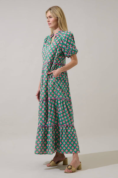 Gercy Abstract Renley Tiered Maxi Dress: GRN-PINK-MUL / XS - Lulu Bella Boutique