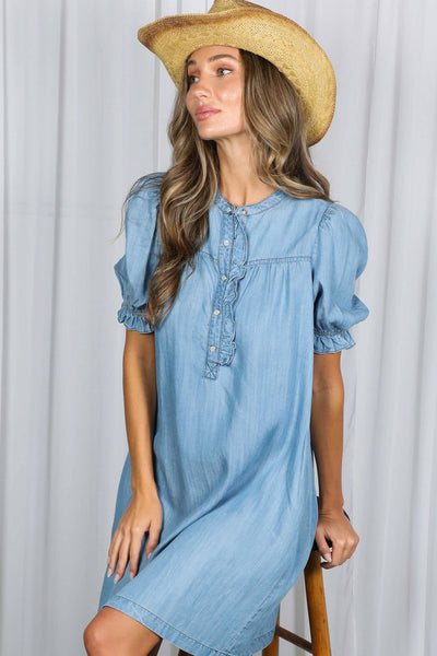 Ruffle Detail 100%Tencel Chambray Mini Dress VD60753: Light Denim / S - Lulu Bella Boutique