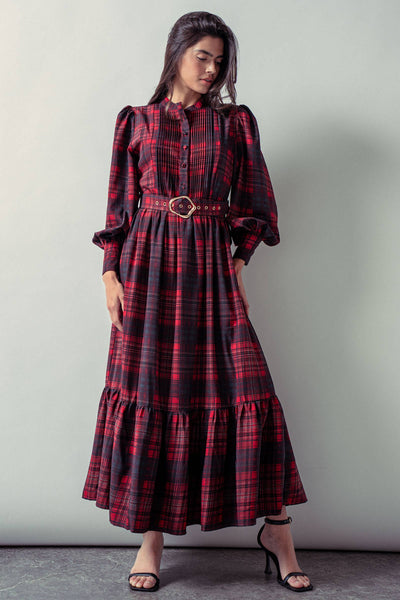 Plaid Belted Layered Button Down Balloon Sleeve Maxi Dress - Lulu Bella Boutique