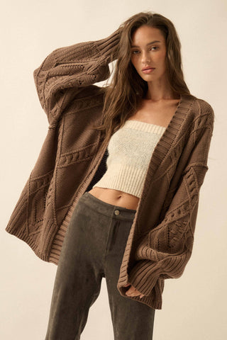 Cable-Knit Oversize Balloon-Sleeve Cardigan: Mocha / S - Lulu Bella Boutique