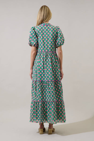 Gercy Abstract Renley Tiered Maxi Dress: GRN-PINK-MUL / XS - Lulu Bella Boutique