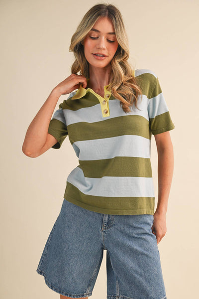 STRIPED SWEATER KNIT SHORT SLEEVE POLO MSW11339: BLUE SAGE / S - Lulu Bella Boutique