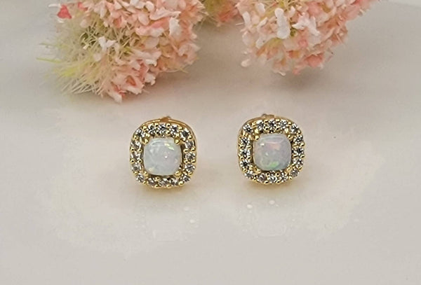LAB GROWN OPAL STUD EARRINGS.: WHITE OPAL/GOLD / Medium - Lulu Bella Boutique