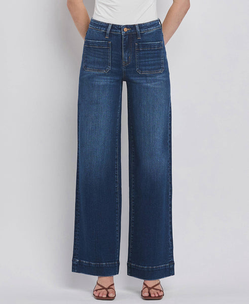 HIGH RISE PATCH POCKET TROUSER  HEM WIDE JEANS F5764D: DARK DENIM / 24 - Lulu Bella Boutique