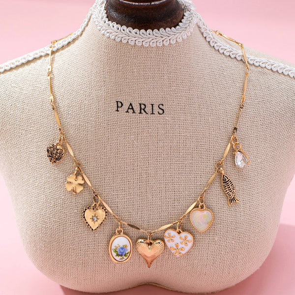 CHARM NECKLACE-HEARTS PORCELAIN FISH RHINESTONE | 80N92690: GOLD - Lulu Bella Boutique