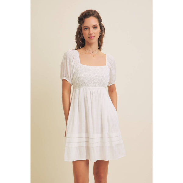 AIRY COTTON GAUZE CROCHET MINI DRESS WITH SMOCKED BACK: OPTIC WHITE / S - Lulu Bella Boutique