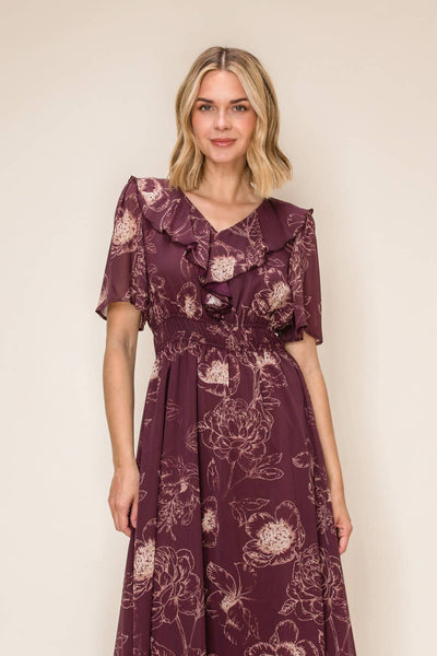 Ruffled V-Neck Midi Dress: Burgundy