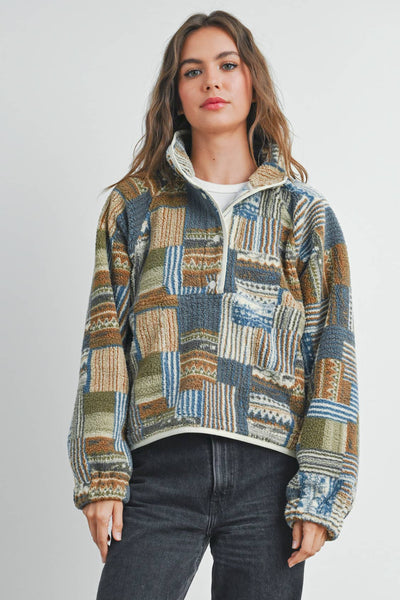 The Moss Patchwork Fleece Half Snap Top: BLUE MULTI