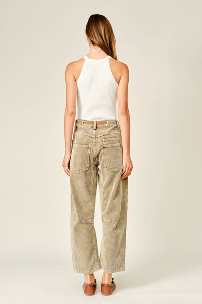 BARREL CORDUROY PANTS WITH EYELET WAIST: CAMEL