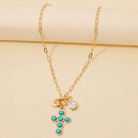 Studded Cross And Faceted Gem Pendant Toggle Chain Necklace: TQ - Lulu Bella Boutique