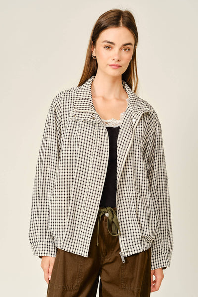 PLAID FUNNEL NECK BOMBER JACKET: ECRU/BLACK