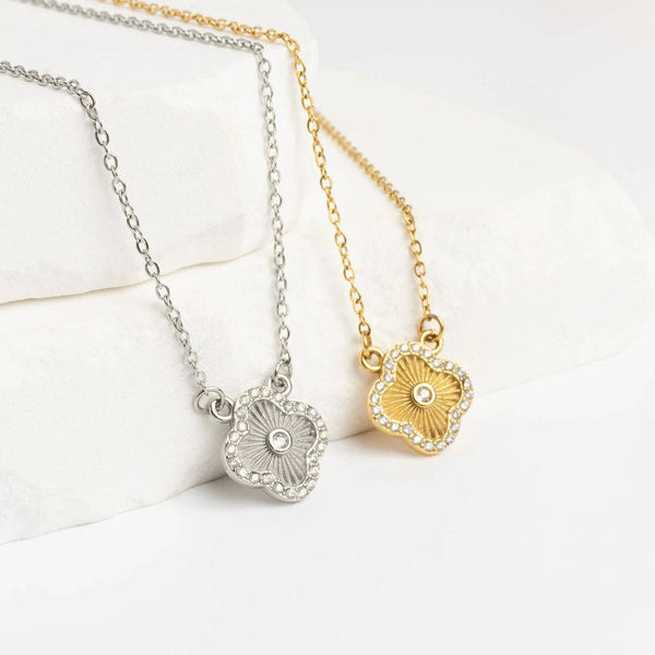 18K Gold Stainless Steel Floral Motif Necklace with Stone: Gold - Lulu Bella Boutique