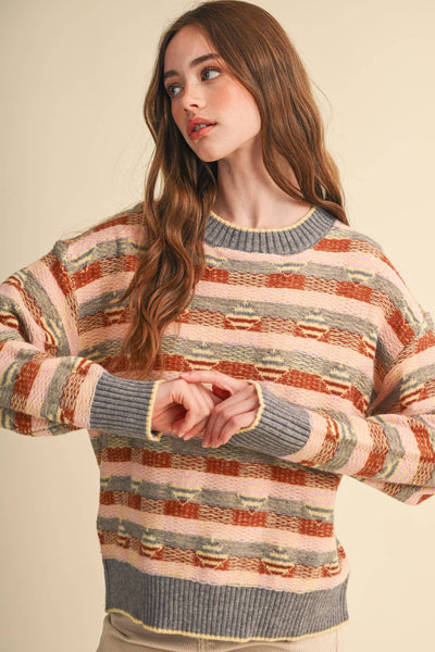 ABSTRACT GEOMETRIC KNIT PATTERN SWEATER: GREY PINK MULTI