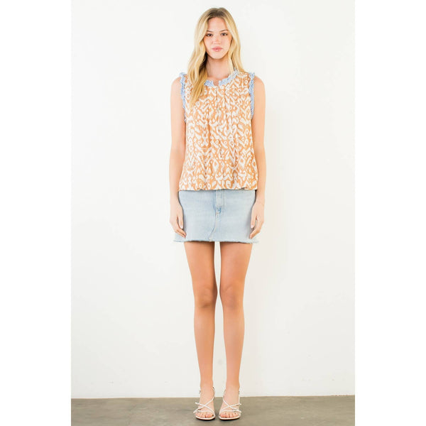 Sleeveless Abstract Pattern Top: BEIGE / XS-S-M-L(1-2-2-1) - Lulu Bella Boutique