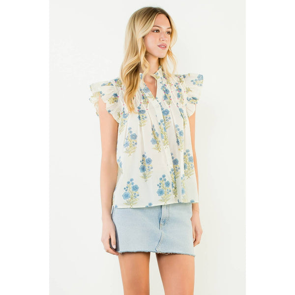 Flutter Sleeve Floral Pattern Top: CREAM / XS-S-M-L(1-2-2-1) - Lulu Bella Boutique