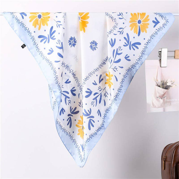 Floral Print Silk-Finish Bandana Scarf: Blue