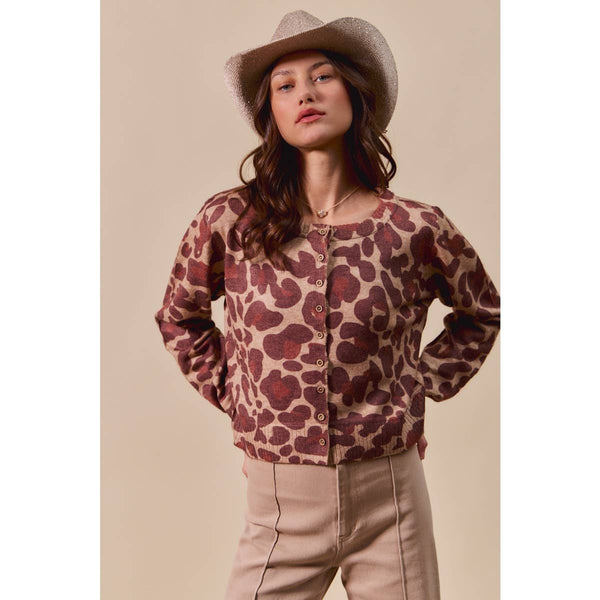 LEOPARD PRINT BUTTON UP SWEATER CARDIGAN: LEOPARD