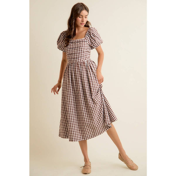 GINGHAM LACE TRIM PUFF SLEEVES LINED MIDI DRESS: BROWN / S - Lulu Bella Boutique