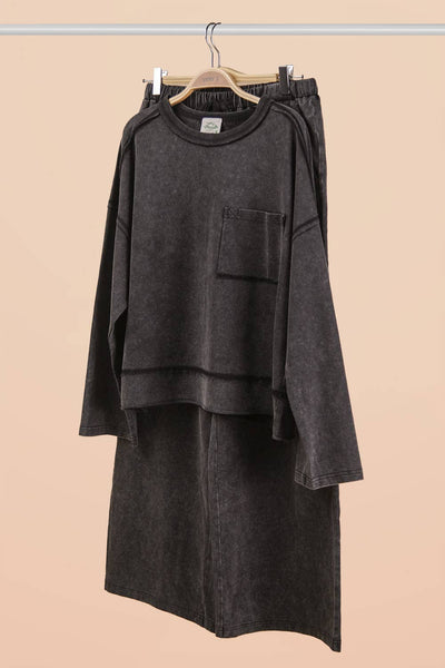 Mineral Washed Casual Knit Top & Pants Set: BLACK
