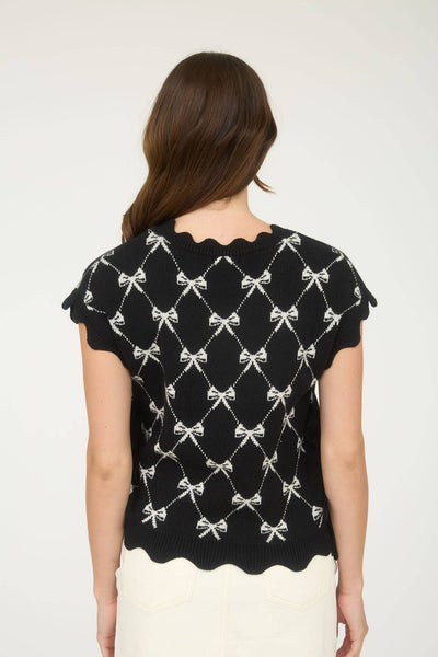 BOW PATTERN SHORT SLEEVE SIDE TIE KNIT PULLOVER: BLACK - Lulu Bella Boutique
