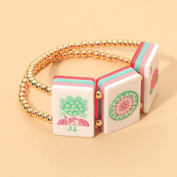 Mahjong Tile Beaded Stretch Bracelet: Gold,Multi