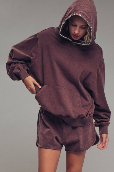 Vintage-Wash Crochet Trim Hooded Sweatshirt: BROWN