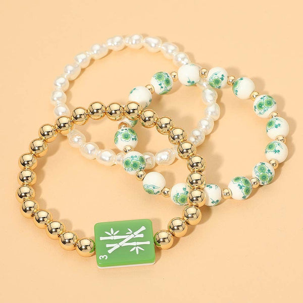 3PCS - Mahjong Charm Accent Floral Pearl Beaded Stretch Multi Layered Bracelets: Gold,Pink