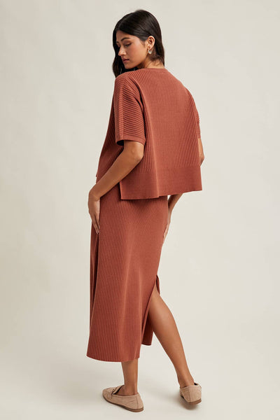RIBBED KNIT SWEATER TOP AND SKIRT SET