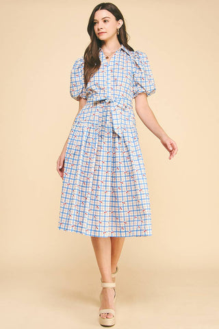 CHECKER WITH CHERRY PRINT MIDI DRESS -Blue / L - Lulu Bella Boutique