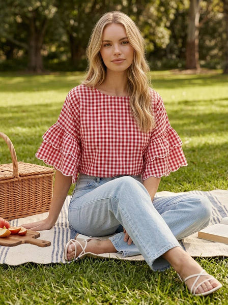 Charming Gingham Scallop Edge Wild Ruffle Sleeve Top VT83548: Red / S - Lulu Bella Boutique