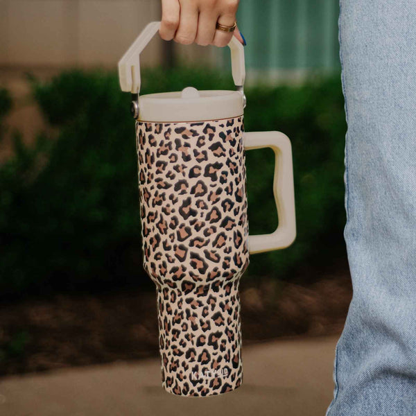 Brown Leopard Metal Tumbler with Lid Handle: Brown - Lulu Bella Boutique