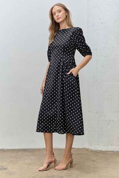 Classic Polka Dot Puff Sleeve Midi Dress: BLACK/IVORY