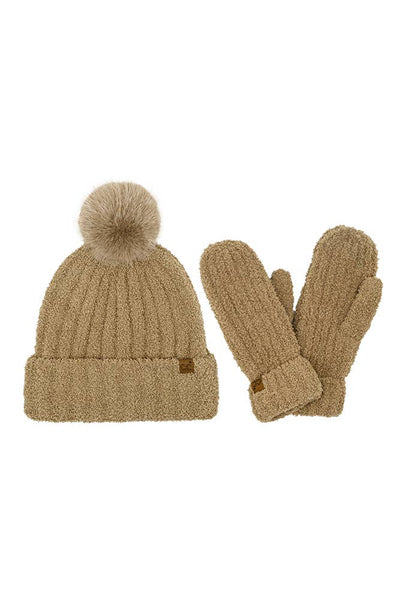 C.C Cozy Yarn Beanie Winter Hat & Mitten Set: Rust