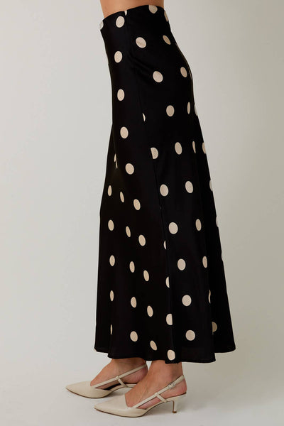 SATIN MIDI SKIRT IN POLKA DOT: BLACK-CREAM DOT / S - Lulu Bella Boutique