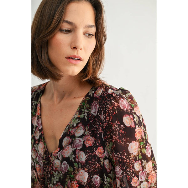 MIX FLOWER V NECK MIDI DRESS: Burgundy