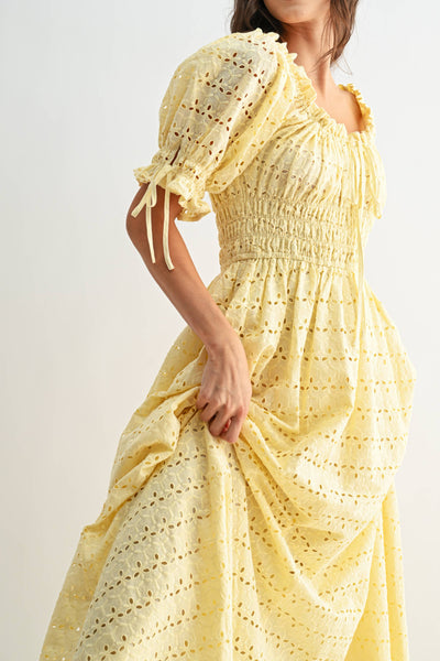 Eyelet Maxi Dress with Smocked Bodice Puff Sleeves: LT.YELLOW - Lulu Bella Boutique