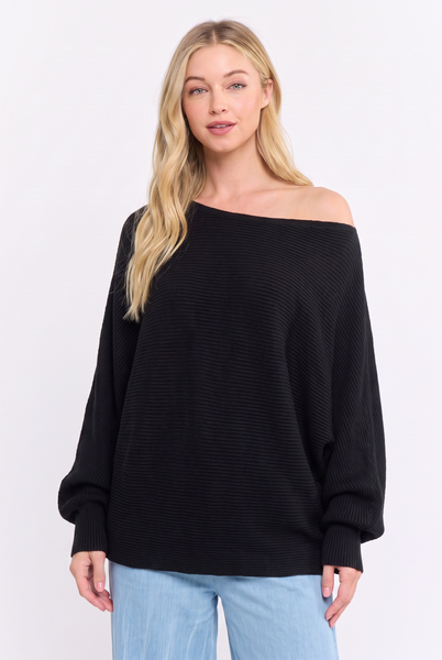 Ribbed Off-Shoulder Sweater: Black