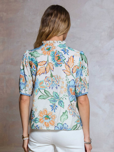 Floral Printed Short Sleeve Blouse: Blue Mlt / XS - Lulu Bella Boutique