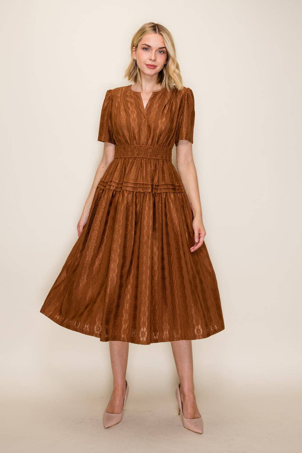 Smocked Waist Tiered Midi Dress: Brown