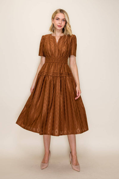 Smocked Waist Tiered Midi Dress: Brown