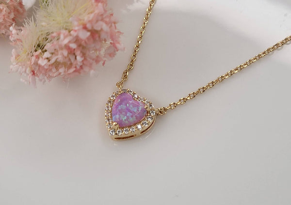 HEART SHAPE LAB GROWN OPAL STONE PENDANT NECKLACE .: PINK OPAL - Lulu Bella Boutique